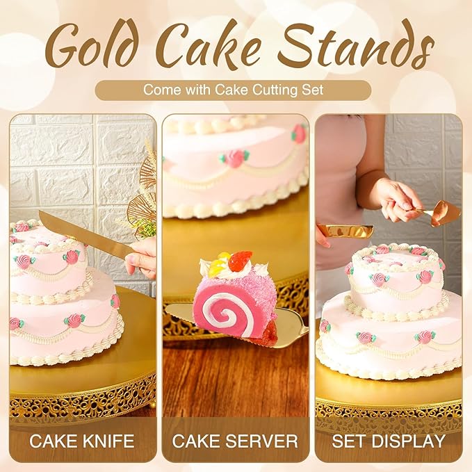 Wenqik 18 Inch Gold Cake Stand Set Metal Round Cupcake Dessert Stand with Cake Cutting, Spatula Cupcake Pastry Display Candy Holder Table Display for Wedding Party Birthday Baby Showers Anniversary