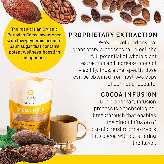 Enerhealth Botanicals Cocoa Mojo – Certified Organic Hot Chocolate Peruvian Cocoa Mix, Sweetened with Low Glycemic Coconut Palm Sugar and Infused with 6 Mushroom Extracts to Boost Immunity – 16 oz