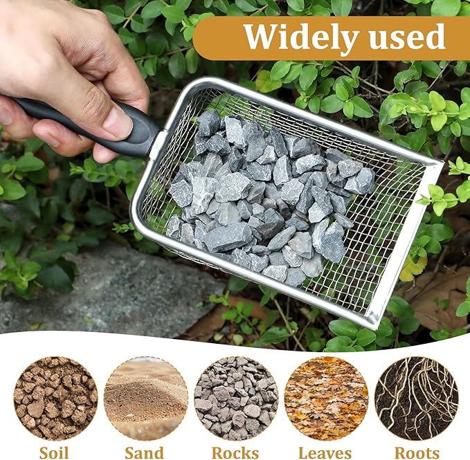3 Pcs Gardening Soil Sifter 2.8/3.8/5 mm Mesh Garden Sand Compost Sieves Scoop Garden Shovels with Handle for Rocks Dirt Compost Filtration Planting Tool Accessories Supplies Stainless Steel