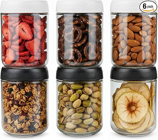 C&O ESSENTIALS 16 oz Glass Mason Jars with Airtight Lids - Wide Mouth Canning Jars for Food Storage, Meal Prep, Overnight Oats, Preserving, Pickling (6-Pack) (Black & White - Checkerboard)