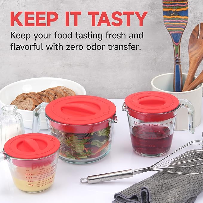Silicone Lids Fits 1 Cup & 2 Cup & 4 Cup Pyrex Tempered Glass Liquid Measuring Cups, Food-Grade Silicone Replacement Lid, Red, Microwave & Dishwasher Safe - 3 Pack, Lid Only
