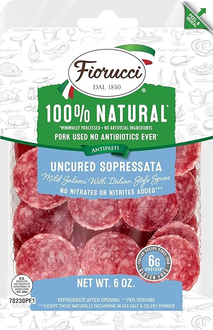 Fiorucci All Natural Uncured Sopressata, Mild Salami with Italian Style Spices, No Nitrites & Antibiotic Free Pork, 6g of Protein, 6 Oz (Pack of 1)