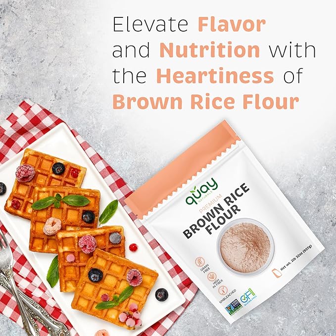 Quay Naturals Organic Brown Rice Flour, 2 lb, Finely Milled, Gluten-Free, Non-GMO, Vegan, USA Grown, Stone Ground, Whole Grain