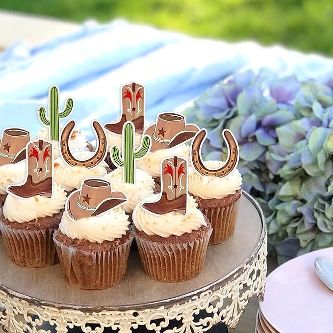 40Pcs Edible Cowboy Cupcake Toppers Glitter Cowgirl Hat and Boot Cupcake Toppers Picks Western Theme Baby Shower Kids Birthday Party Supplies