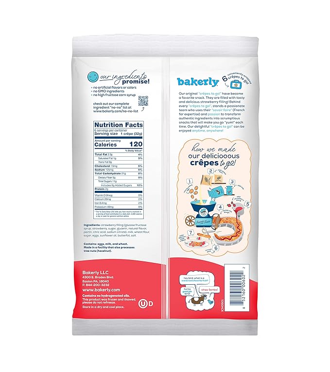 bakerly Strawberry Filled Crepes to go! Non GMO, Free from Artificial Flavors & Colors, Pack of 4, 6-Count (24 Total Crepes)