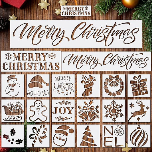 21 PCS Merry Christmas Stencils for Painting Christmas Stencils Template Plastic Reusable Template for Xmas Decor Fabric Canvas Furniture, Wall, Window, Fabric, Wood DIY Home Decor