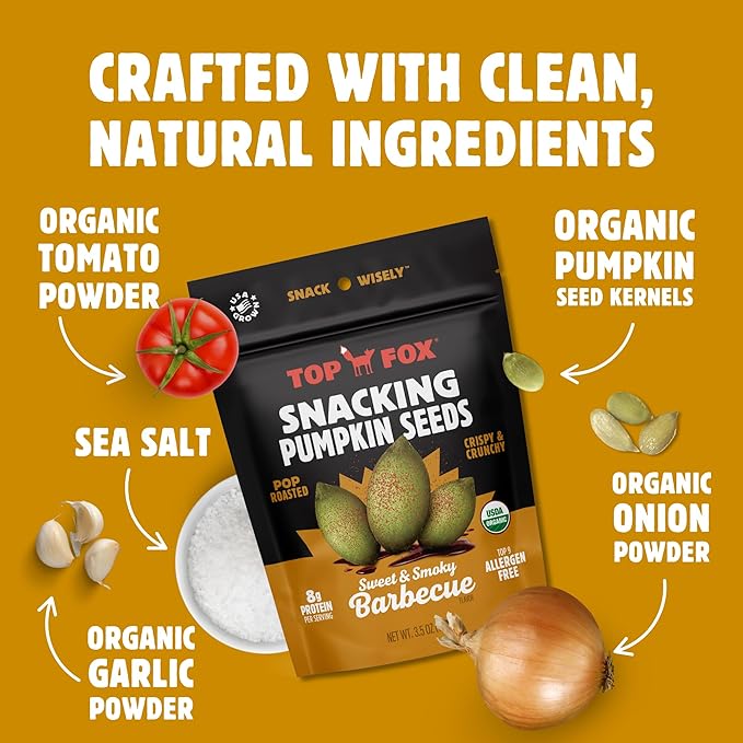 Top Fox Snacks BBQ Pumpkin Seeds to Eat (Barbecue, 3.5 oz – 6 Pack) - Gluten Free Snacks, Healthy Protein Snacks, Keto Friendly Snacks, Allergen Free Snacks, Paleo & Vegan - Organic Pop-Roasted