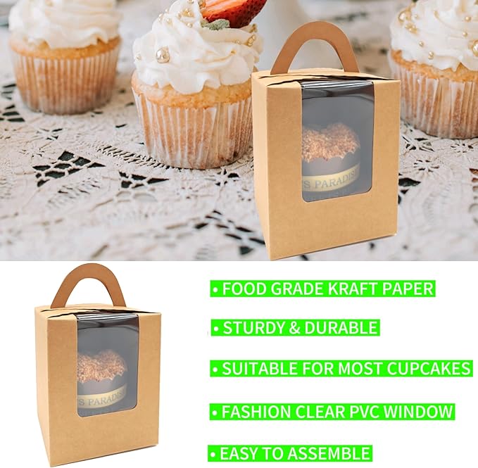50-Set Individual Cupcake Boxes Bulk with Clear Display Window, Disposable Food Grade Kraft Cupcake Carrier Cupcake Container, Perfect for Cupcakes Muffins Cookies Pastries