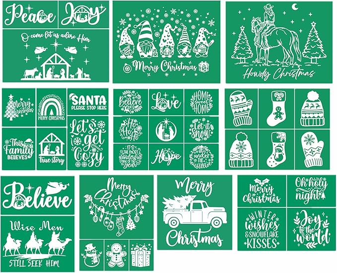 Silk Screen Stencil Self Adhesive Christmas Silk Screen Transfer 10 Pcs, Snowman Snowfalke Buffalo Plaid Christmas Tree Mesh Stencil for Painting on Wood/Fabric/Wall/Glass, Xmas Winter Holiday Decor