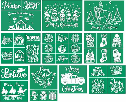 Silk Screen Stencil Self Adhesive Christmas Silk Screen Transfer 10 Pcs, Snowman Snowfalke Buffalo Plaid Christmas Tree Mesh Stencil for Painting on Wood/Fabric/Wall/Glass, Xmas Winter Holiday Decor