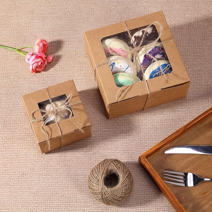50 Pieces Bakery Box with Window Cookie Boxes Mini Kraft Boxes Gift for Pastries, Candy, Pie, Cupcakes, Soap Packaging for Homemade Soap (Brown,6.3 x 6.3 x 3 Inch)