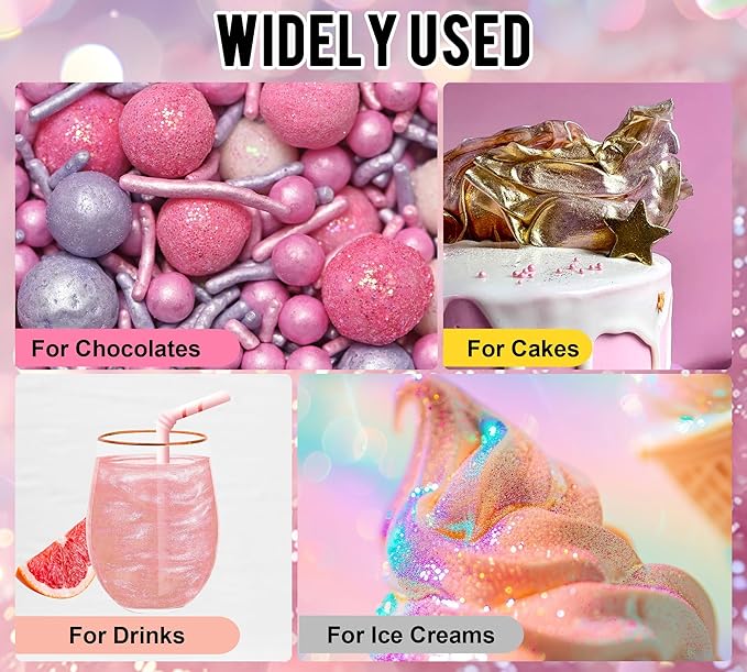 Edible Glitter Set, 4 Colors Luster Dust Edible Powder for Cake Decorating, Food Grade Vegan Edible Glitter for Drinks, Cocktails, Shimmering Glitters Food Coloring Powder for Chocolate(5g/Bottle)