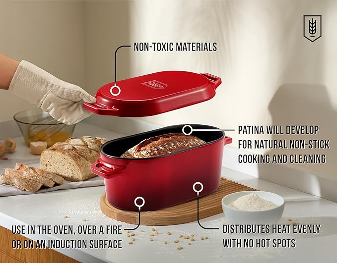 KooK Dutch Oven, for Bread Baking, Sourdough Loaf Pan, Dual Handles, Enameled Cast Iron, with Sling, Dishwasher Safe, 3.4 Qt, Cherry Ombre