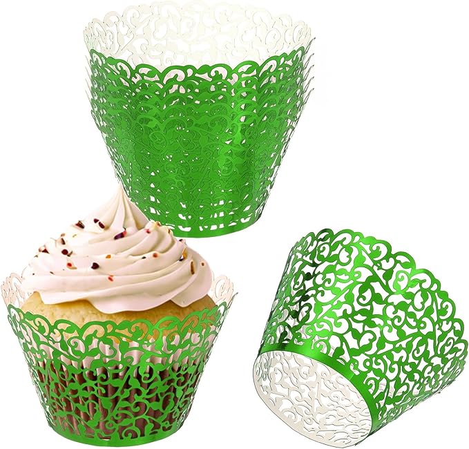 PATIKIL Cupcake Wrappers Paper, 50 Pack Baking Cups Standard Vine Decoration for Anniversary Birthday Weddings and Parties, Reflective Green