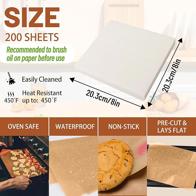 200 Pcs Parchment Paper Baking Sheets, 8"x8" Precut Non-Stick Baking Parchment Paper Sheets Bun Sheet Pan Liners.Baking Grilling Air Fryer Steaming Bread Cup Cake Cookie (White-8"x8")