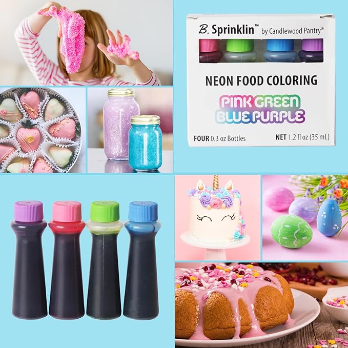 Candlewood Pantry B. Sprinklin Neon Liquid Food Coloring Kit Set of 4 - Pink, Green, Purple, Blue - Vibrant Food Dye for Slime Crafts, Eggs, Frosting and Cake Decorating 0.3 fl oz (Pack of 2)