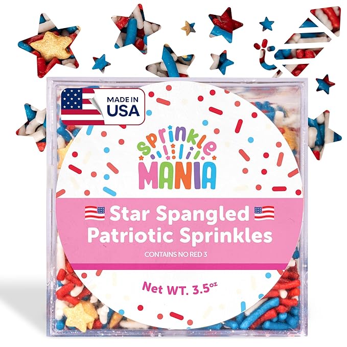 Decorative 4th of July Sprinkles - Our Red, White, Blue & Gold Patriotic Sprinkles for Cake Decorating Are Proudly Made in the USA - Our 4th of July Treats are Red 3 Free (Stars & Stripes, 3.5oz)