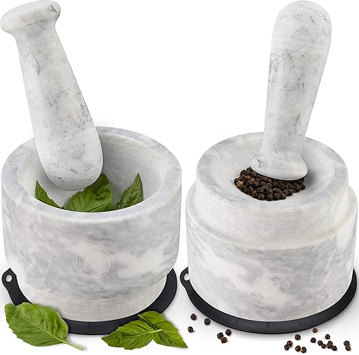Laevo White Marble Mortar and Pestle Set - Heavy Duty Stone Spice Grinder - 2.1 Cup Capacity, 5.5-Inch Reversible Mortar and Pestle Set for Guacamole, Pesto, Spices - Large