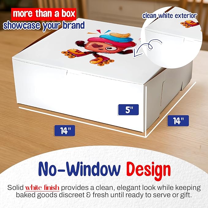 MT Products Custom Printed Bakery Boxes - 14" x 14" x 5" White Customizable Cake, Cookie and Pie Boxes with Logo - Made in the USA