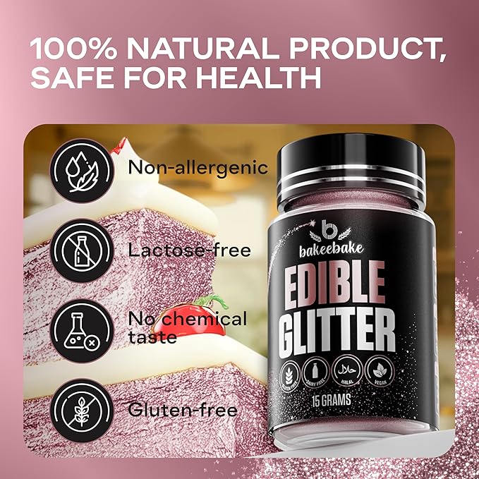 Bakeebake Edible Glitter 15g - Edible Glitter for Drinks & Desserts - Gluten Free Cake Decorating – Tasteless Vegan Drink Cocktails and Parties (Pink, 15 grams)