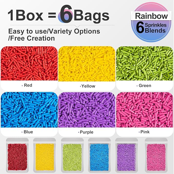 HUEBEATY 6-in-1 Rainbow Jimmies Sprinkles Bulk – 180g Neon Edible Sprinkles for Cake Decorating, Cupcakes, Cookies, Ice Cream & Birthday Desserts – Edible Candy Toppers & Rainbow Cake Decorations