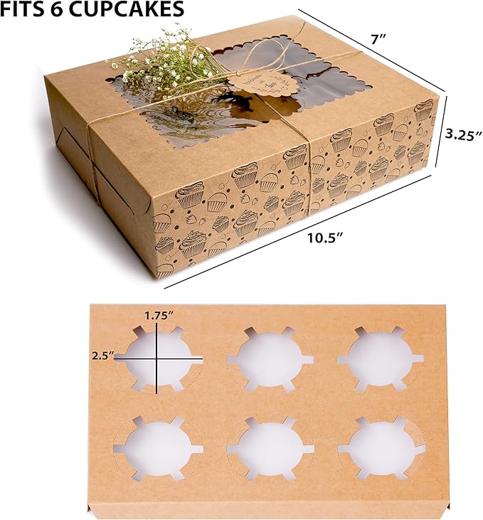 20-Pack Brown Cupcake Boxes with Insert Trays, Tags and Twine | Food Grade Kraft Bakery Boxes with Window to Fit 6 Cupcakes