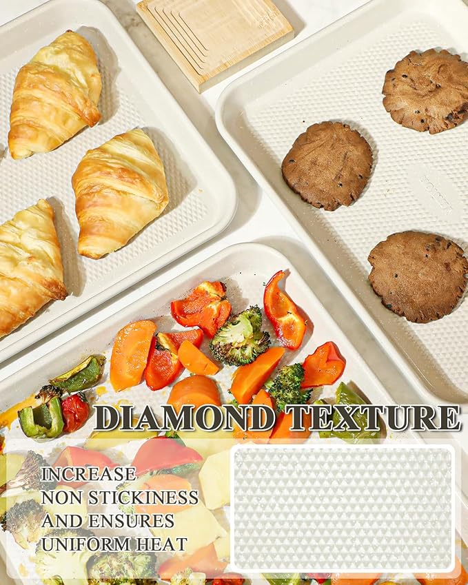 Nonstick Baking Sheet Sets with Rack (3 Pans + 1 Rack), 0.8mm Thicker Carbon Steel Quarter/Jelly Roll/Half Sheet Pan, Easy Clean, Prevent Warping, Dishwasher Safe, Oven Safe 450°F