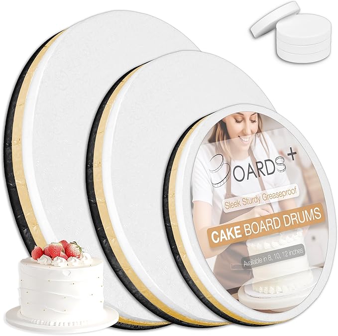 BOARDS+ 9 Pack Cake Drums 8, 10 & 12 Inch in White, Black & Gold Color | 1/2" Thick CakeBoard Circle Rounds + Free Prop Up Tools | Fully Greaseproof, Sturdy for Heavy/Tiered Cakes