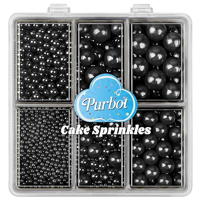 Black Sprinkle for Cake Decorating, 4 Sizes Edible Pearl Sugar 130g/4.6oz, Cupcake, Ice Cream, Donuts, Macaron Toppings Supplies (2mm, 4mm, 7mm, 1cm) (Black)