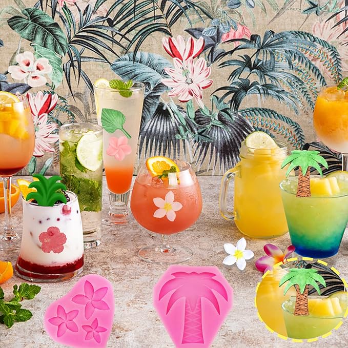 4 Pcs Tropical Flowers Leaves Mold Fan Leaf Fondant Mold Hibiscus Flower Monstera Leafage Palm Leaf Plumeria Flower Silicone Molds for DIY Chocolate Candy Cupcake Cake Topper Hawaiian Party Decoration