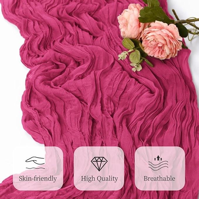 12 Pack Hot Pink Cheesecloth Table Runner 17x108 Inch Semi Sheer Boho Gauze Cheese Cloth Fabric Table Runners, for Wedding Party Baby Shower Birthday Home Decor Garden Farmhouse