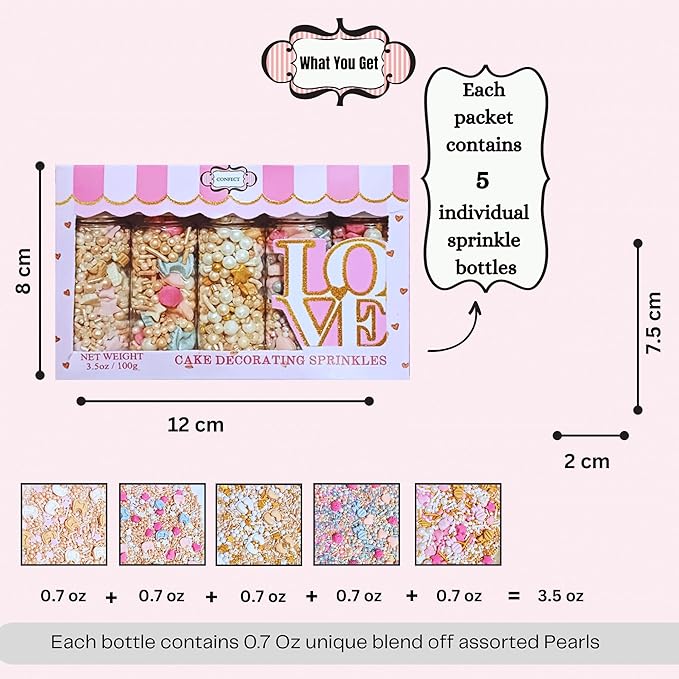 Confect Girls Baby Shower Sprinkles | Mix Gold, Rose Gold, Peach & Pink Sprinkles | Gender Reveal Sprinkles | Assorted Pack of 5 Edible Pearl Sprinkle | Vegan, Gluten-Free, Nut-Free, Soy-Free, Dairy-Free, Palm Oil-Free - 5 Oz