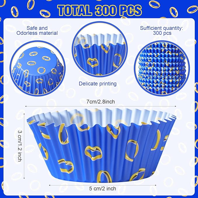 Vesici 300 Counts Video Game Cupcake Liners Blue and Gold Rings Paper Cupcake Wrappers Holders Cartoon Disposable Baking Cup Bulk for Birthday Baby Shower Baking Party Supplies