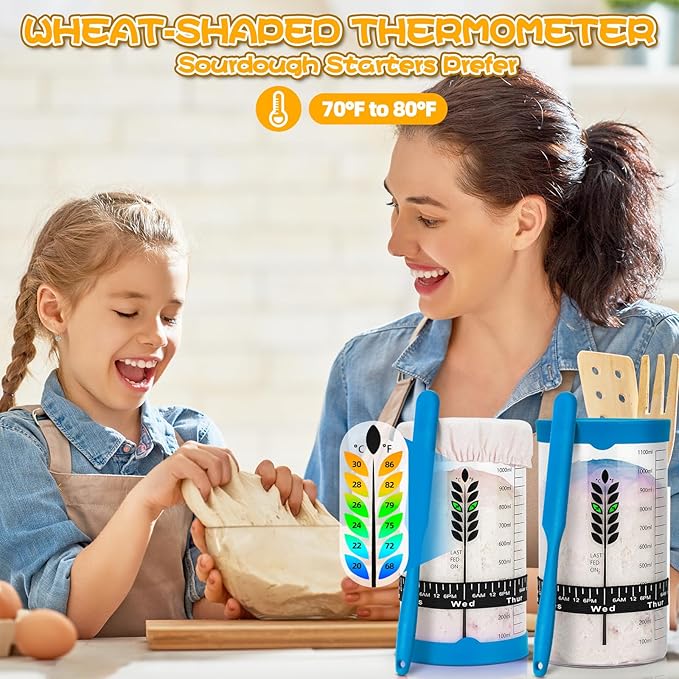 Sourdough Starter Jar Kit 2Pack, 40OZ Large Sourdough Starter Kit With Thermometer Strips & Scraper, Sourdough Bread Baking Supplies–A Perfect Sourdough Bread Starter Kit for Beginners to Expert(Blue)