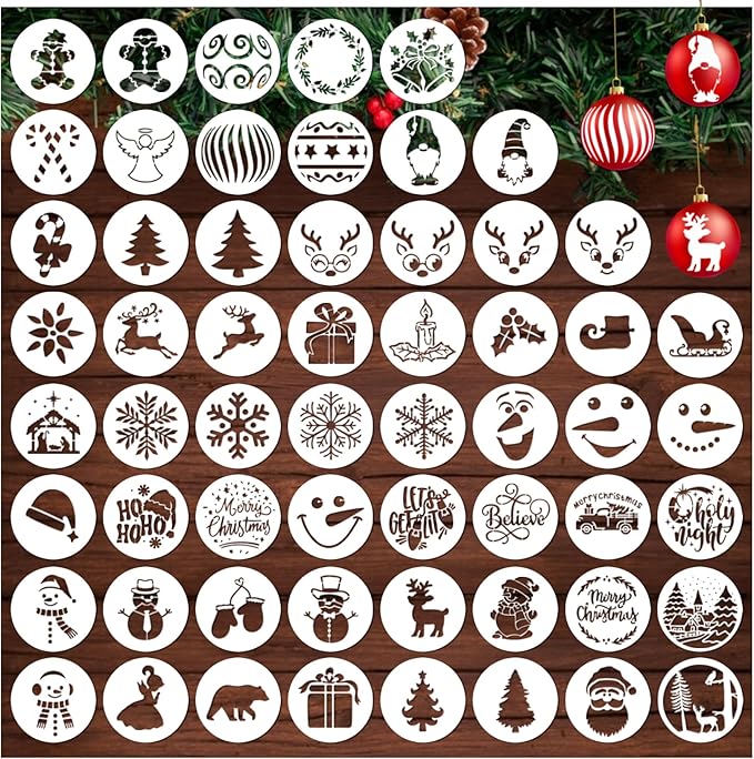 Small Christmas Stencils for Painting on Wood, 3x3” Reusable Holiday Xmas Templates Stencil for DIY Crafts Ornament Wood Window Cards Scrapbook Christmas Tree Décor (58Pieces 3in Round)