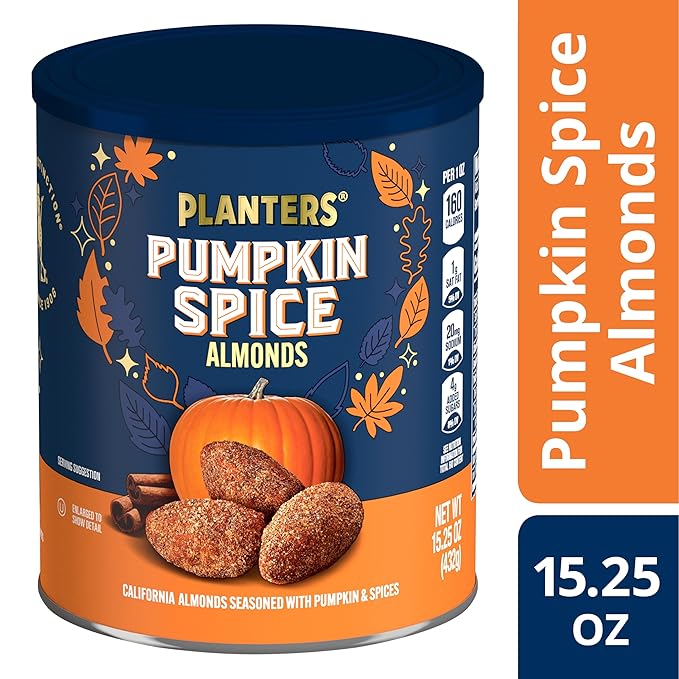 PLANTERS Fall Edition Pumpkin Spice Almonds, Pumpkin Spice Snacks, Cooking & Baking Nuts & Seeds, Flavored Almonds, Seasonal Nuts, Fall Party Snacks, Plant-Based Protein, 15.25 oz Canister
