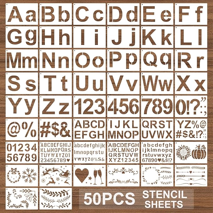 BAMIDELE Letter Stencils for Painting on Wood, 50 Pcs Alphabet Drawing Templates with Numbers, Signs, Flowers, Reusable Plastic Art Craft Stencils