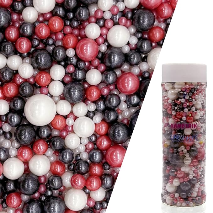 Edible Red & Black & White Sugar Pearls Sprinkles Candy Mix Size Pearls Cake Decorations Cupcake Toppers Decorating Perfect for Wedding Party Valentine Christmas Supplies 4.58OZ