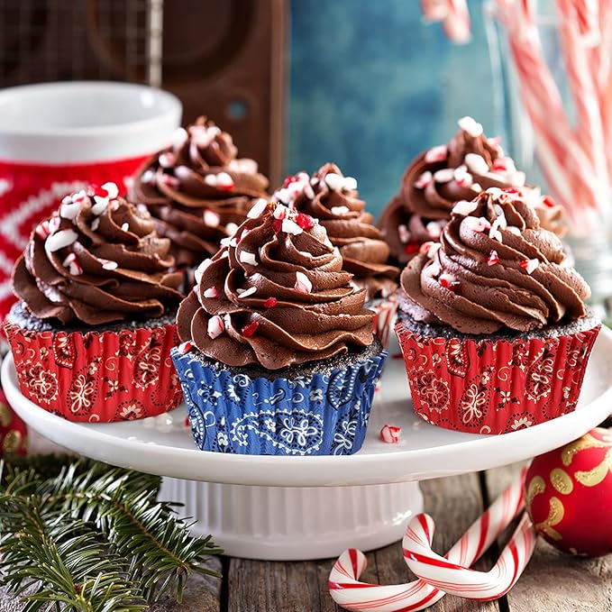 Zonon 200 Pieces Western Cowboy Cupcake Liners Red Blue Bandana Cupcake Wrappers Western Cowboy Birthday Party Supplies for Wedding Holiday Birthday Party Decorations