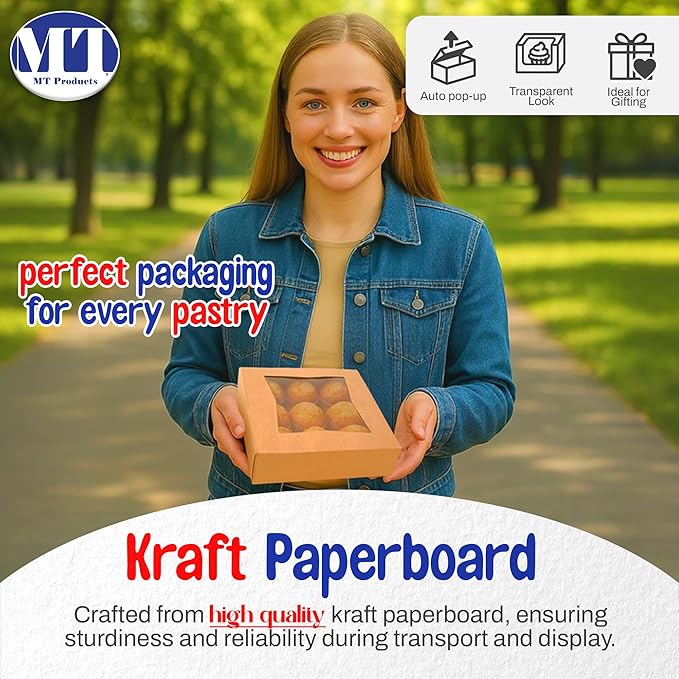MT Products Kraft Bakery Boxes 9" x 9" x 2.5" - Auto Pop-Up Pie or Cake Boxes with Window (Pack of 15) - Made in the USA
