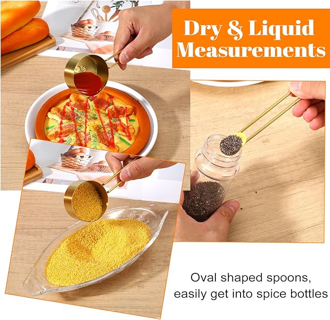 9 Pcs Golden Stainless Steel Measuring Cups and Spoons Set, Stackable & Long Handle, Premium Metal Measuring Cups and Stainless Steel Measuring Spoons Set for Liquid & Dry Ingredients Baking Cooking