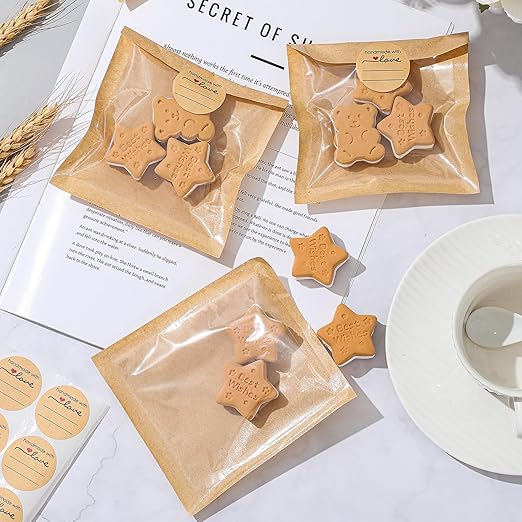 Outus 100 Pcs Cookie Packaging Bags with Seal, 4 x 4 Inch Bakery Pastry Bags with Window, Heat Sealable Grease Resistant Paper to Go Bake Sleeves for Gift Giving Donut Bread Sandwich (Brown)