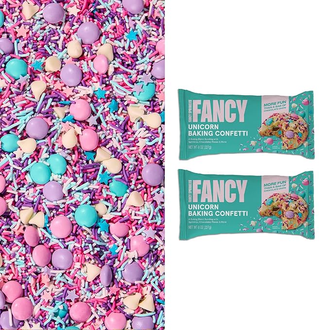 Fancy Sprinkles Unicorn Baking Confetti Sprinkles and Chocolate Pieces, Crunchy Jimmies, Chocolate Gems, Candy-Coated Chocolatey Morsels, Star Confetti Pieces, And White Morsels 8 oz Bag (2 Pack)