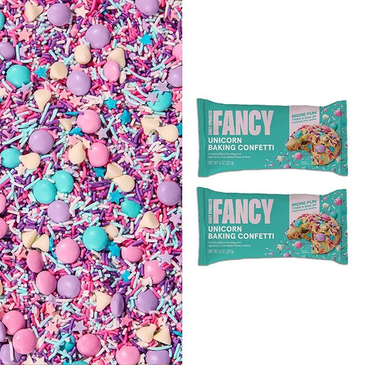 Fancy Sprinkles Unicorn Baking Confetti Sprinkles and Chocolate Pieces, Crunchy Jimmies, Chocolate Gems, Candy-Coated Chocolatey Morsels, Star Confetti Pieces, And White Morsels 8 oz Bag (2 Pack)