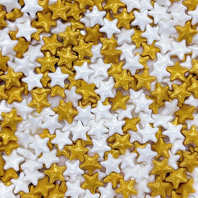 10mm Gold & White Sprinkles Edible Stars Cake Decorating Stars Cake Decorations Cupcake Toppers Cookie Decorating Perfect for Cakes,Cupcakes,Desserts Toppings 3OZ