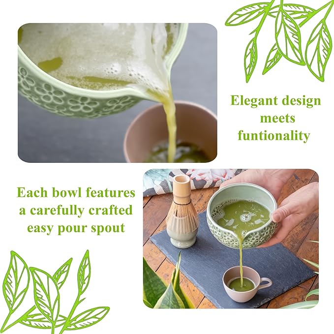 Matcha Whisk Set- Matcha Set includes Matcha Whisk and Bowl, Sifter, Holder and Scoop- The Perfect Bamboo Whisk for Matcha Tea (Molted Green)