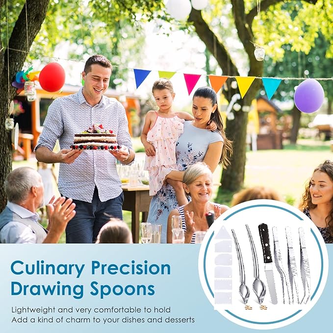 Patelai 12 Pcs Chef Plating Tools Plating Drizzle Spoons Cooking Tweezers Culinary Precision Stainless Steel Drawing Spoons Plastic Dough Scrapers Wood Icing Spatula for Chef Cake Candy Decorating