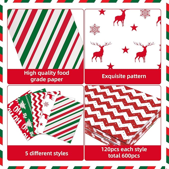 600Pcs Christmas Candy Wrappers, 6 Different Styles Christmas Caramel Chocolate Wrapper Tissues Xmas Greaseproof Twisting Wax Homemade Wrapping Paper for Candy Packaging Christmas Birthday Party