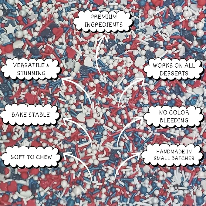 Confect Cake Mate Dessert Sprinkles – Edible Red, White & Navy blue Heart, Star, Pearl & Vermicelli Sprinkles – Toppings for Cake Decorating, Baking, Cupcakes, Cookies & Ice Cream | Vegan, Gluten-Free, Soy-Free, Dairy-Free, Palm Oil-Free- 4.2 Oz