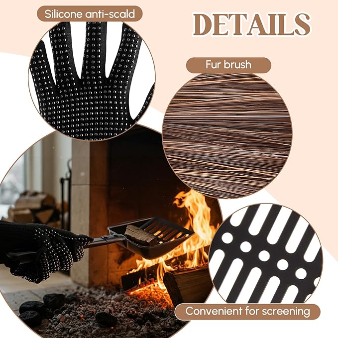 3 Pcs Fireplace Ash Sifter Oven Shovel Hollow Out Ember Recovery Tool Shovel Heat Resistant Silicone Glove Brush Scoop Charcoal (Innovative Model,Iron)